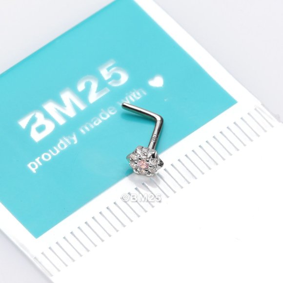 14 Karat White Gold Glistening Multi-Gem Flower Sparkle L-Shaped Nose Ring - Picture 1 of 5